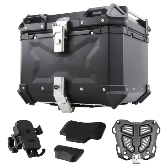 iproods 45L Motorcycle Top Case, Aluminum Alloy Universal Motorcycle Tail Box with Backrest ＆ Phone Mount Holder, Dual-key Storage Luggage Trunk (Black, 45L)