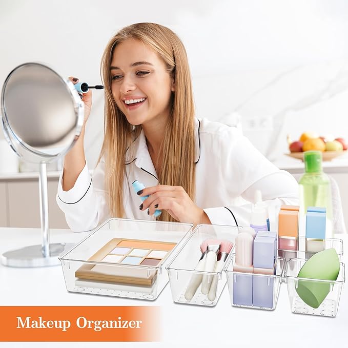 25 PCS Plastic Drawer Organizer Set, 4-Size Versatile Organizer Trays & storage Bins for Makeup, Jewelry, and Gadgets in Bathroom, Bedroom and Office,Clear White