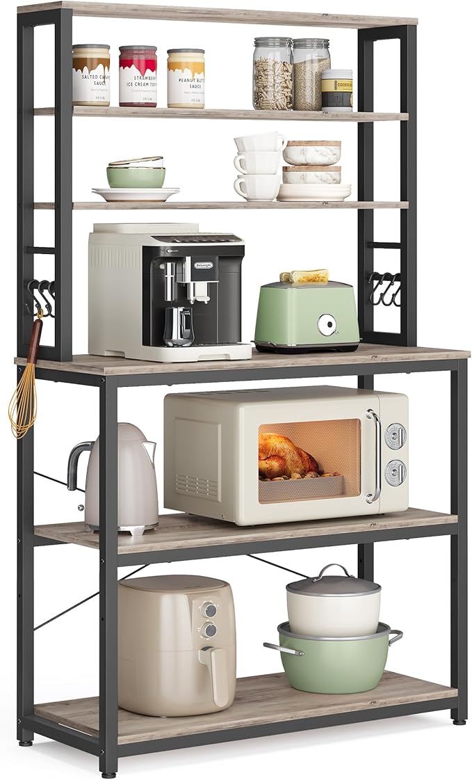 VASAGLE Coffee Bar, 31.5 Inches Baker's Rack for Kitchen with Storage, 6-Tier Kitchen Shelves with 6 Hooks, Microwave Stand, Industrial, Heather Greige and Ink Black UKKS019B02