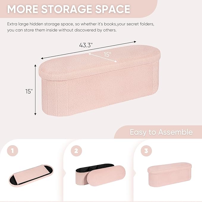 B FSOBEIIALEO Ottoman with Storage for Living Room, Sherpa Folding Storage Ottoman Foot Rest, 43.3 Inches Collapsible Bedroom Bench Pink