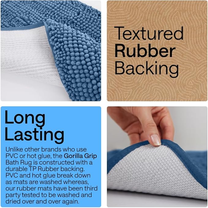 GORILLA GRIP Bath Rug Mat 60x24, Thick Soft Absorbent Chenille, Quick Dry Microfiber Mats, Rubber Backing Washable Shower Floor Rugs, Bathmat Runner, US Designed Bathroom Home Decor Accessories Blue
