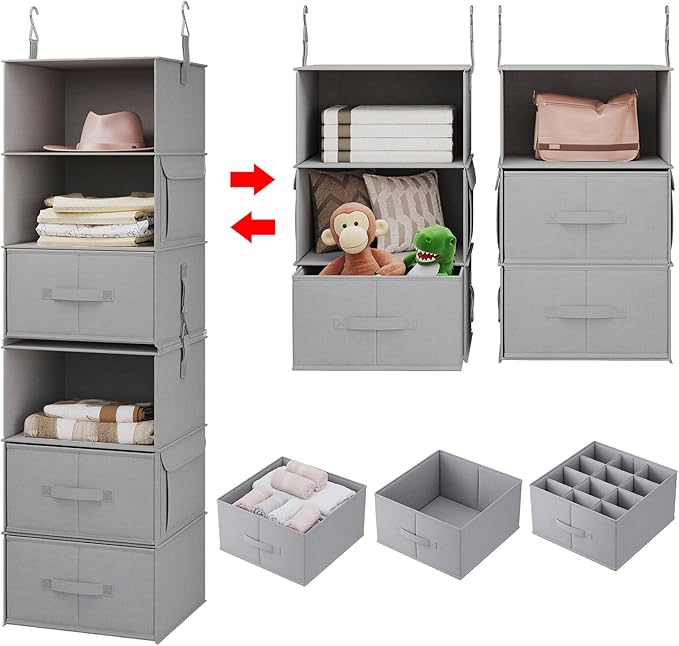 Vailando 6-Tier Hanging Shelves for Closet, Two 3-Shelf Hanging Closet Organizer w/ 4 Side Pockets and 3 Drawers, Combinable for Dorm Wardrobe Organizer and RV Storage and Organization
