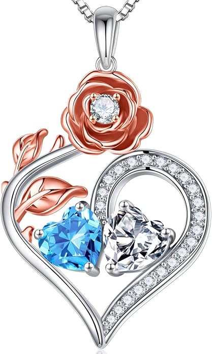 Iefil Rose Heart Birthstone Necklaces for Women - 925 Sterling Silver Double Birthstone Necklace, Anniversary Birthday Gifts for Women, Jewelry Gifts for Wife Her
