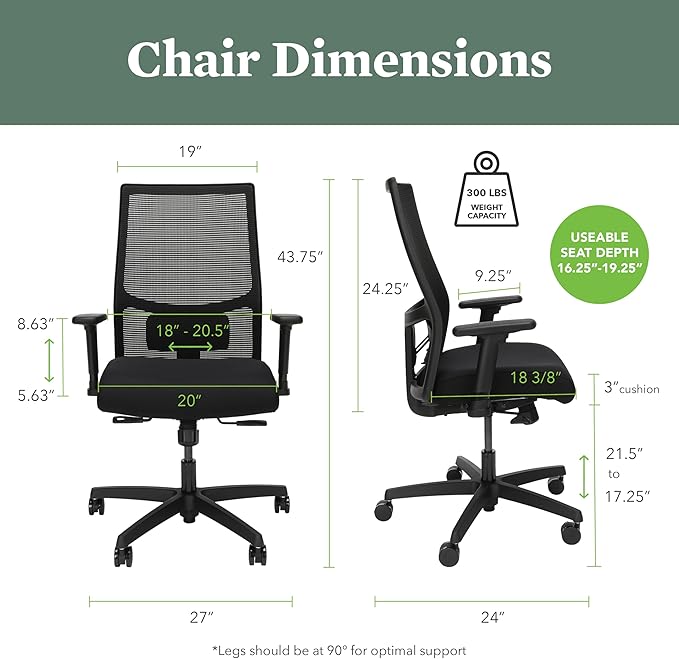 HON Ignition 2.0 Mid Back Task Chair, Spectrum Mesh, Standard Synchro-Tilt Control, Office Chair with Lumbar Support, Height and Width Adjustable Arms, Black Frame, Sky