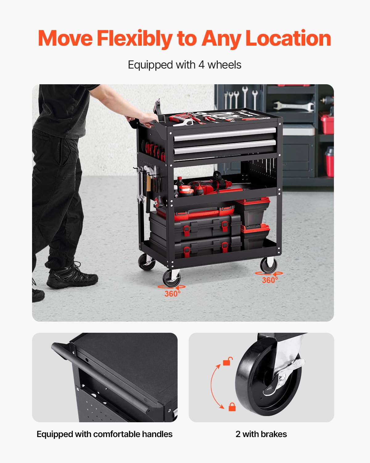 VEVOR 5-Tier Tool Cart with Wheels, 400 lbs Load Capacity, Rolling Work Cart with 2 Drawers & Pegboard, Mechanic Tool Storage Organizer with Locking System for Garage, Warehouse and Repair Shop, Black