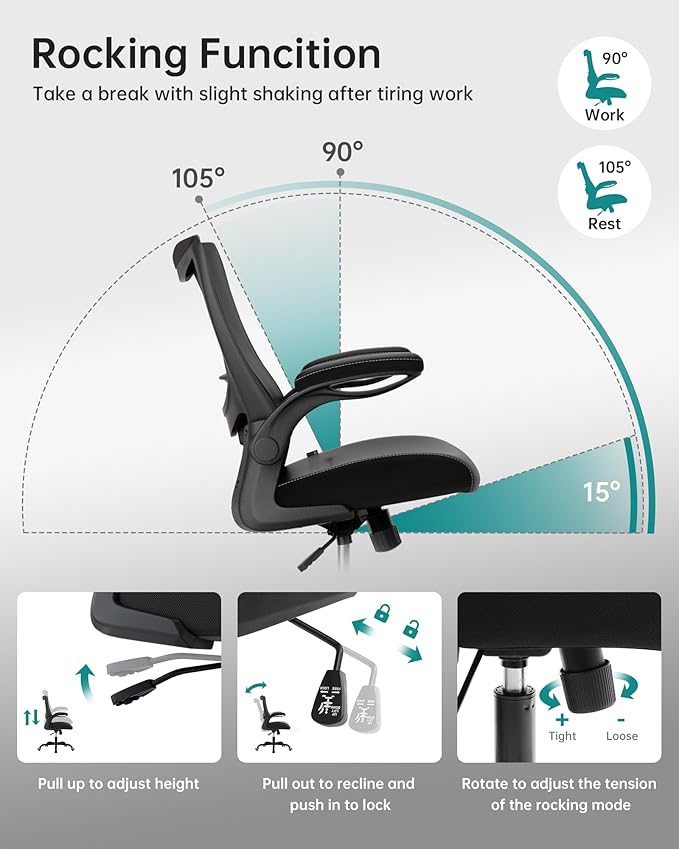 Office Chair, PU Leather Ergonomic Desk Chair with Adjustable Lumbar Support and Flip up Armrest, Breathable Mesh Computer Chair for Home Office, Black