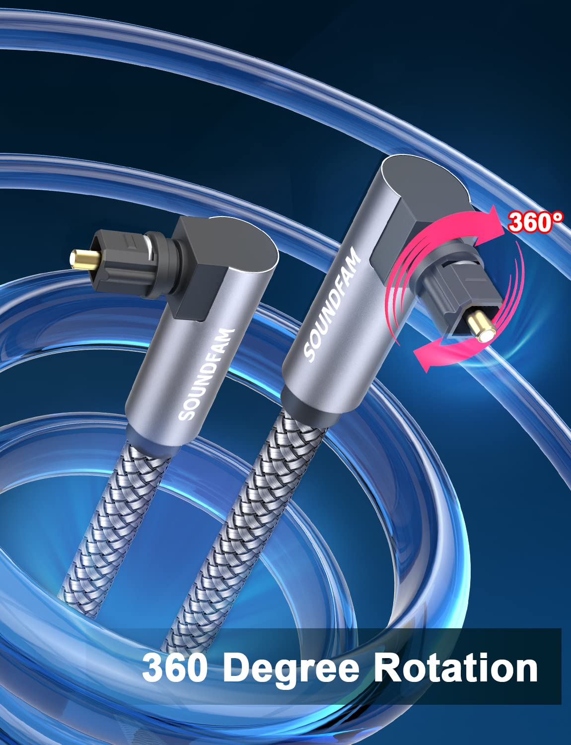 90 10ft/3M 360 Degree Optical Audio Cable Double Right Angle Optical Cable Degree Free-Rotating Plug Digital Audio