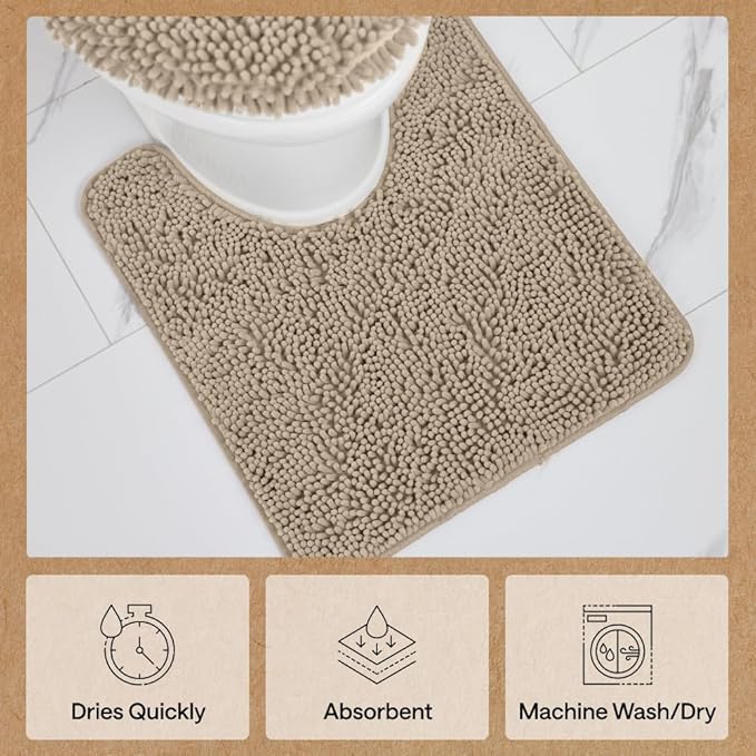 GORILLA GRIP Bathroom Rug Sets 3 Piece, Bath Mat Set and Oval Toilet Base with Rubber Backing, Plush Absorbent Shaggy Chenille Washable Mats, Includes 24x19.5, 24x17 and 30x20 Inch Rugs, Taupe