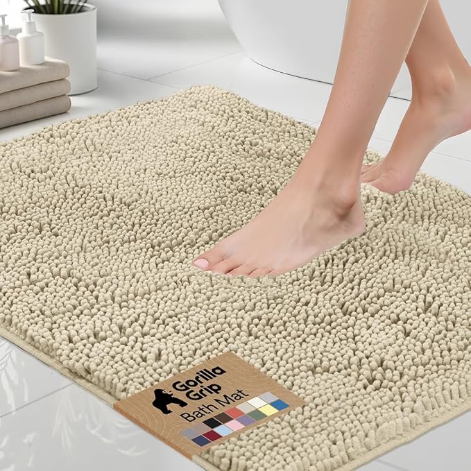 GORILLA GRIP Bath Rug Mat 44x26, Thick Soft Absorbent Chenille, Quick Dry Microfiber Mats, Rubber Backing Washable Shower Floor Rugs, Bathmat Runner, US Designed Bathroom Home Decor Accessories Sand