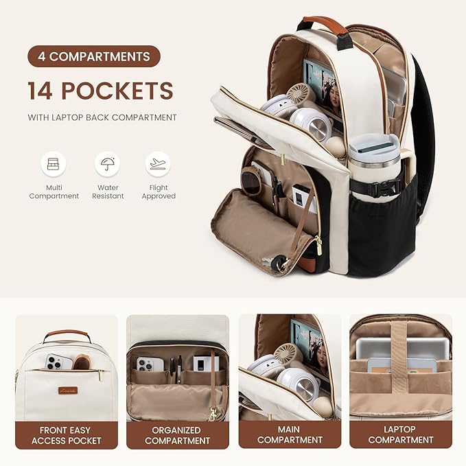 LOVEVOOK Laptop Backpack for Women with Pouch Pocket for Large Capacity Cup,15.6 Inch Laptop Computer Bag Travel Backpack Purse,Waterproof Work Business Backpack College Teacher Bag,Beige-Brown-Bbrown