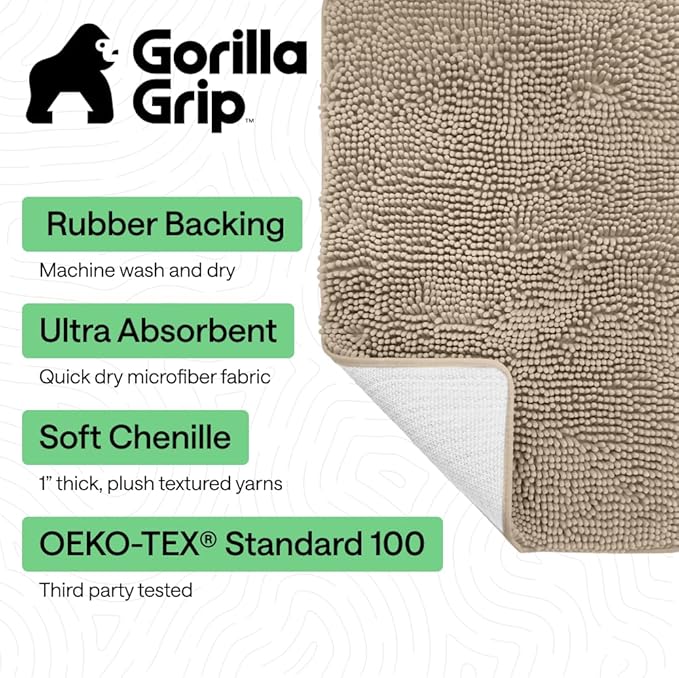 GORILLA GRIP Bath Rug Mat 60x24, Thick Absorbent Chenille, Quick Dry Microfiber Mats, Rubber Backing Washable Shower Floor Rugs, Bathmat Runner, US Designed Bathroom Home Decor Accessories Gray Beige