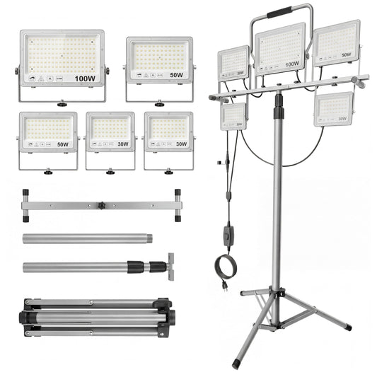 31000Lumen LED Work Light 260w with Tripod Stand Work Lights 5 Head Portable Work Light with Anti-Glare Lenses,19.7ft Power Cord, Height Adjustable, IP66 for Job Site, Garage, Outdoor Use