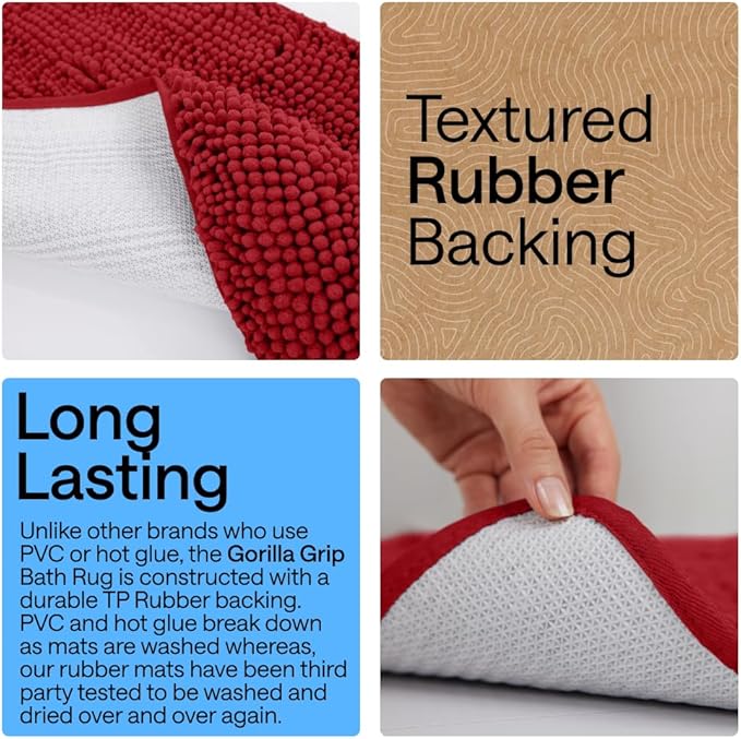 GORILLA GRIP Bath Rug Mat 36x24, Thick Soft Absorbent Chenille, Quick Dry Microfiber Mats, Rubber Backing Washable Shower Floor Rugs, Bathmat Runner, US Designed Bathroom Home Decor Accessories Red