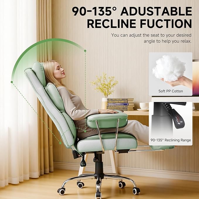 COMHOMA Big and Tall Office Chair, High Back Leather Gaming Chair with Footrest, Executive Ergonomic Office Chairs with Pocket Spring Lumbar Support and with Outward Fixed Soft Armrests