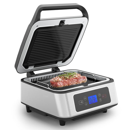 SUNVIVIPRO Electric Panini Press Sandwich Maker, 1300W Smokeless Indoor Grill with Removable Non-Stick Plates, Auto-Lift, Fan, Independent Upper Heating, Smart Time & Temperature Control, Silver