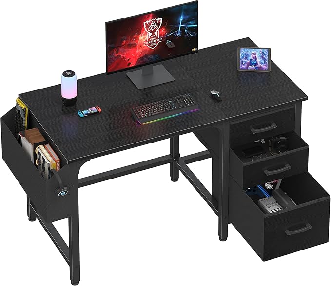 Lufeiya Computer Desk with File Drawers Cabinet, 47 Inch Reversible Home Office Desks with Filing Cabinet for Small Space, Gaming Study Writing Table PC Desks, Black