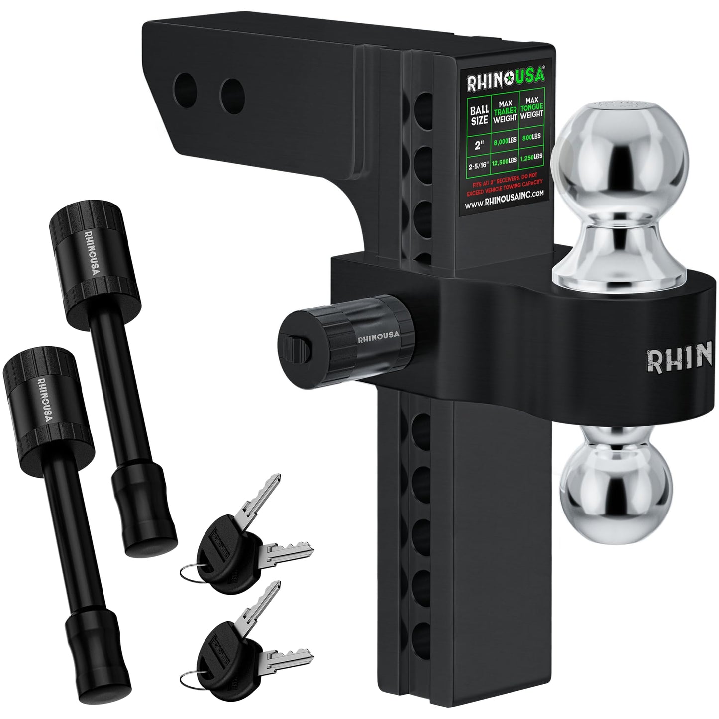 Rhino USA Adjustable Trailer Hitch (Fits 2-Inch Receiver)-Heavy Duty Aluminum Tow Hitches with 10-Inch Drop/Rise for Truck (12,500 LBS GTW) - Weatherproof Double Anti-Theft Locking Hitch Pins (Black)