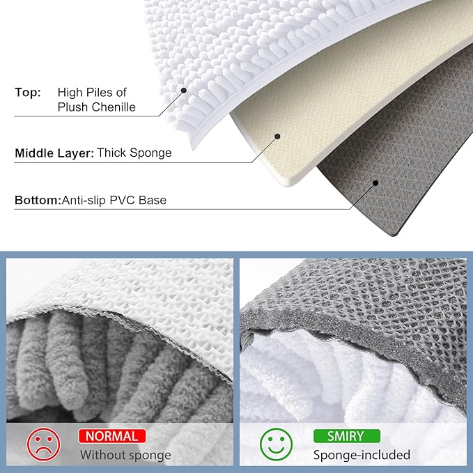 Smiry Luxury Chenille Bathroom Rugs 47x20, Extra Soft and Absorbent Shaggy Bath Mat, Machine Washable, Non-Slip Plush Carpet Runner for Tub, Shower, and Floor, Home Decor Accessories, White