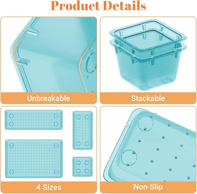 15 PCS Clear Plastic Drawer Organizer Set, 4-Size Acrylic Drawer Storage Trays, Storage Bins for Makeup, Gadgets, and Jewelry in Bathroom, Bedroom and Office, Clear Sea Blue