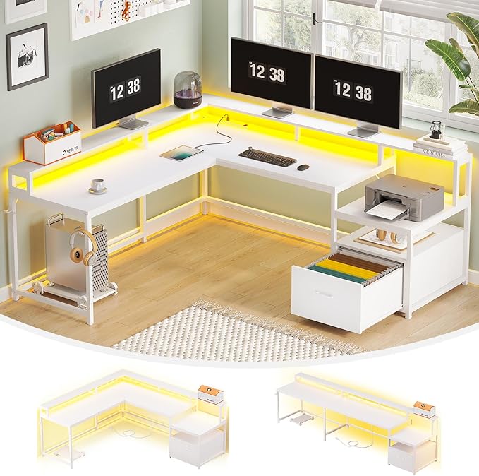 SEDETA White L Shaped Gaming Desk, 66" Home Office Desk with Wood File Drawer, Power Outlet and Led Lights, Corner Computer Desk with Monitor Shelf, Printer Storage Shelves, for Two Person