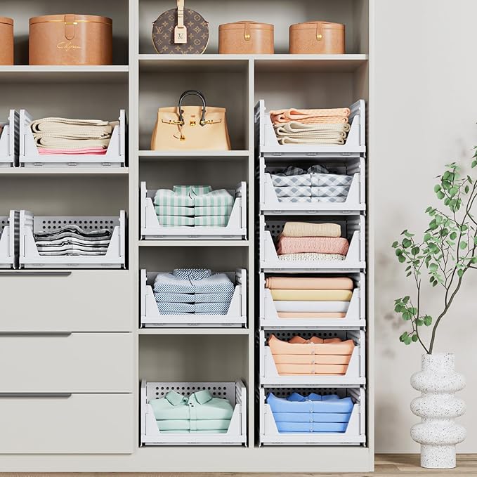 5 Pack Stackable Closet Storage Basket - Stackable Storage Bins, Multifunctional & Foldable Closet Organizer Waterproof, Wardrobe Cupboard Space-Saving Hat Storage Drawer Organizer, White