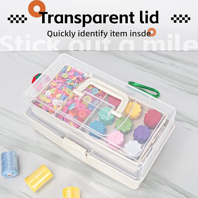 12.5in 3-Layer Multipurpose Craft Organizers and Storage with Adjustable Dividers, Portable Tackle Box, Folding Art & Craft Case for Medicine, Tool, Sewing Organizer (White)