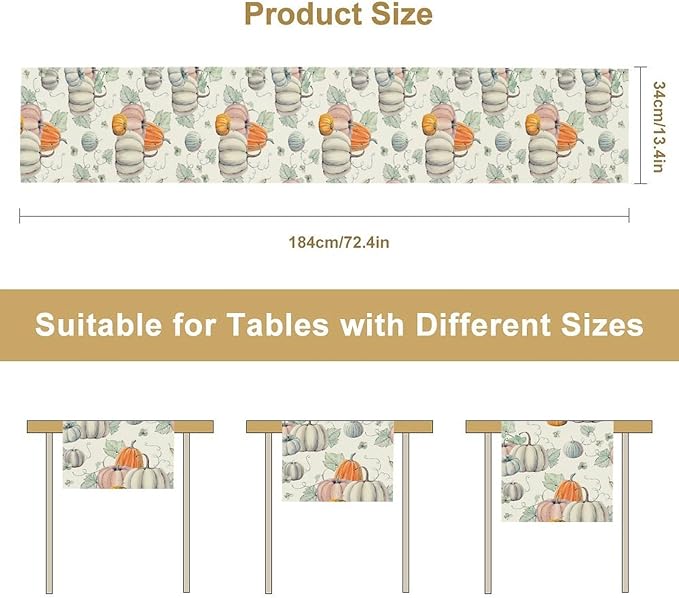 Fall Pumpkin Table Runner Vintage Leaves Plant Motifs Thanksgiving Theme Watercolor Illustration Home Decor for Farmhouse Indoor Outdoor Party Holiday Dining Kitchen Restaurant Cafe W13xL60in