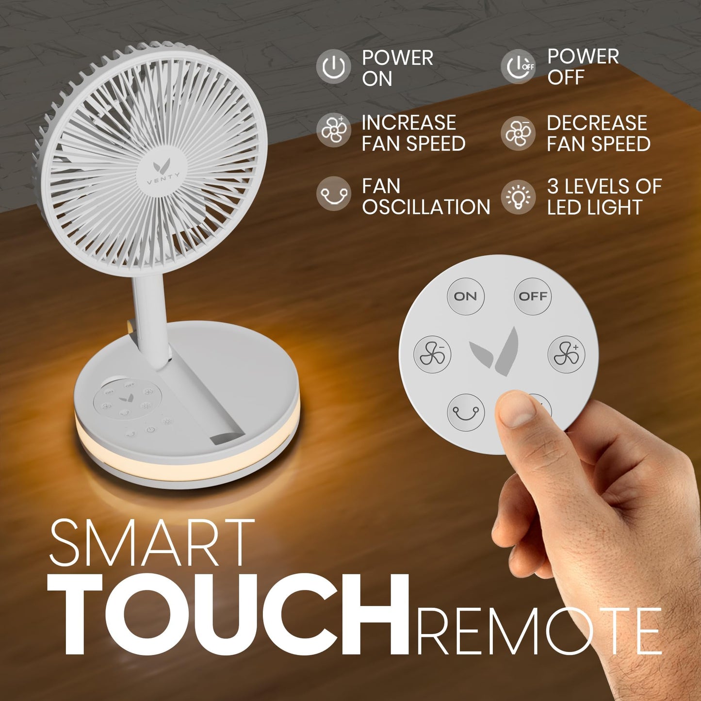 VENTY Portable Fan - Wireless Battery Operated Fan - 4 Speeds - LED Lighting - Carry Case & Remote Control - Cruise Travel - Outdoor Travel RV Power Bank With USB-C Port (White with Case)