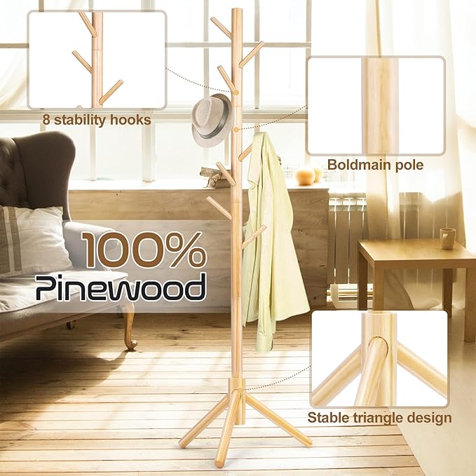 2PCS Solid Wooden Coat Rack Freestanding, New Zealand Pine Coat Tree with 8 Hooks & 3 Adjustable Sizes for Coats, Hats, Handbags and Scarves, Space Saving for Entryway/Office/Bedroom (Nature)