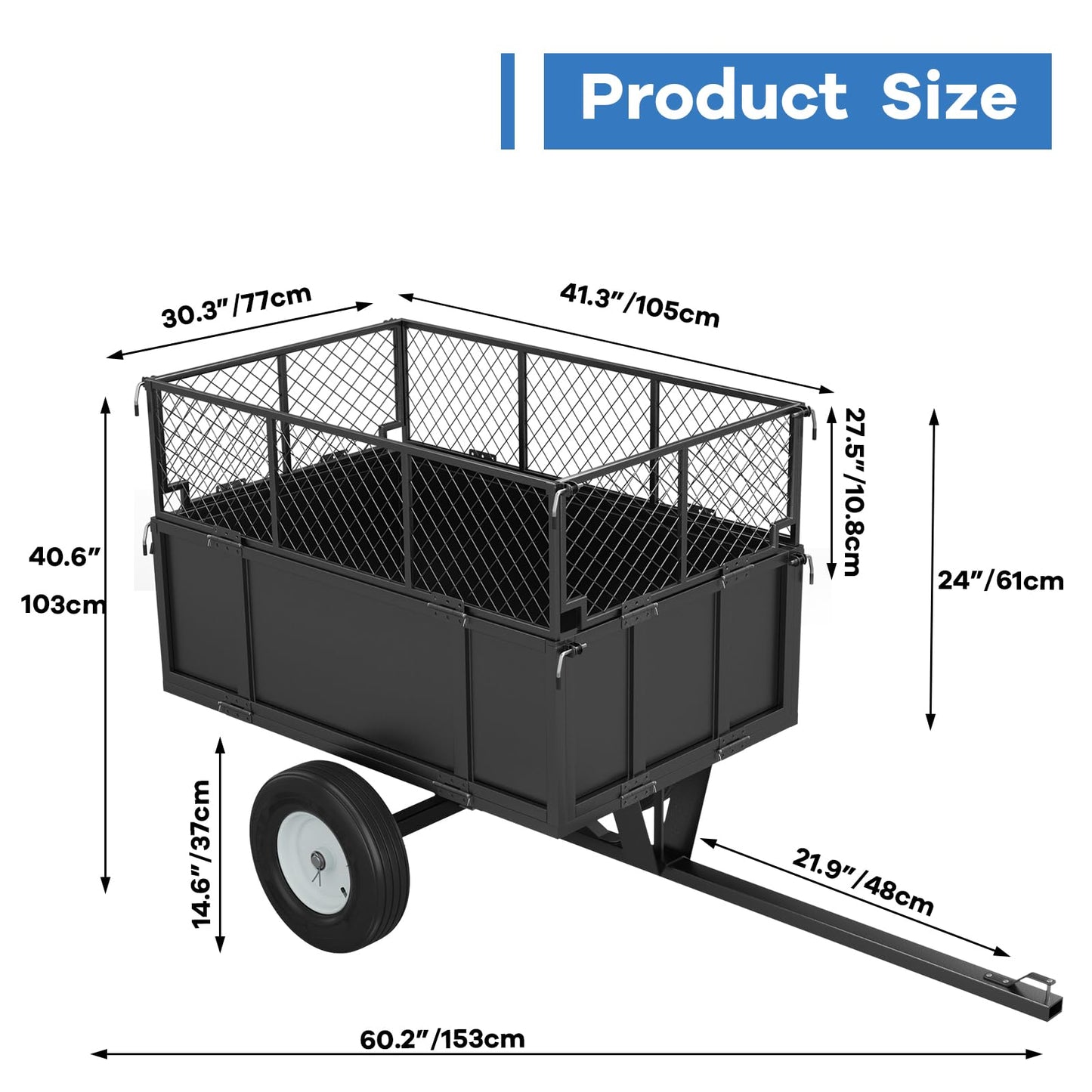 Heavy Duty Utility Trailer, 750lbs Capacity 17 Cu. Ft. ATV Dump Trailer, Garden and Lawn Mower Trailer with Removable Sides, Pull Behind Yard Cart for Tractors, ATV & UTV – Ideal for Hauling & Dumping
