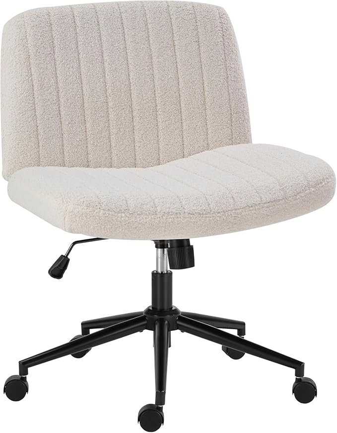 OLIXIS Criss Cross Chair with Wheels Wide Cross Legged Office Desk Vanity Chair Comfy Fabric Armless Adjustable Swivel for Home Computer Task Teddy Beige