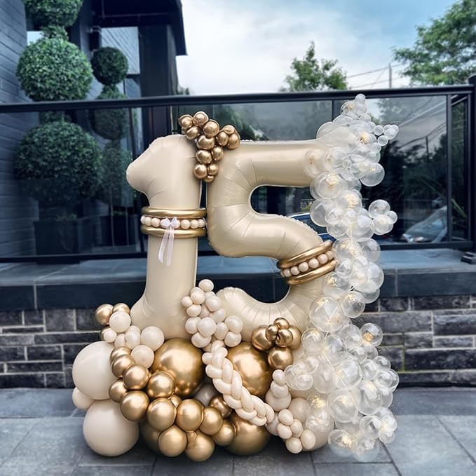 Beige Balloon Number 5, 40 Inch Large Self Inflating Foil Mylar Number Balloons 0-9 for Boys Women, Cream White Digital 5 Helium Balloon for Girls Men 5th Birthday Decorations Anniversary 2025 Party