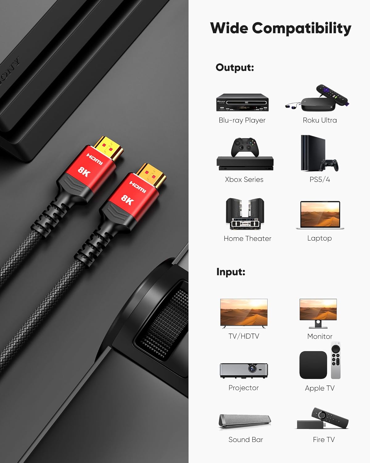 8K 2.1 15FT 2-Pack, Cord-4K@120Hz 8K@60Hz, 2.2 2.3, 10 Highwings HDMI Cable Ultra High Speed HDMI Cable Braided DTS:X