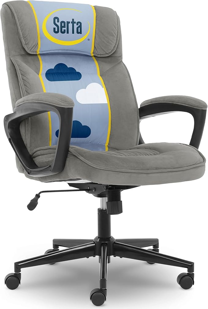 Serta Hannah Executive Home Office Desk Chair, Ergonomic Mid-Back with Lumbar Support, Firm Seat Cushion, Layered Body Pillows, Padded Armrests, Swivel Base, Easy Assembly, Microfiber, Black/Grey