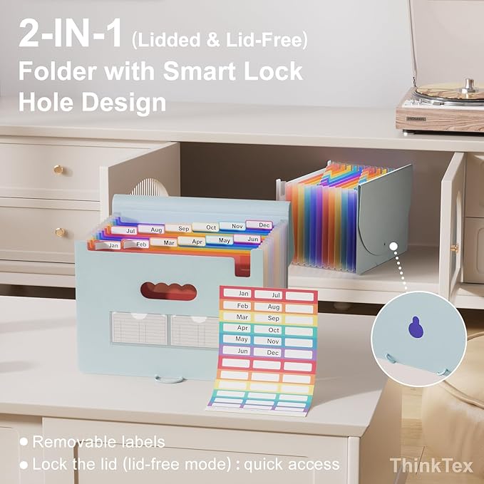 ThinkTex Accordion File Organizer, 12 - Pocket Expanding File Folders for Paper Receipts, Bill&Taxes Organizer, Letter/A4 Size Document Holder for School, Office, Home with Colorful tabs-Light Blue