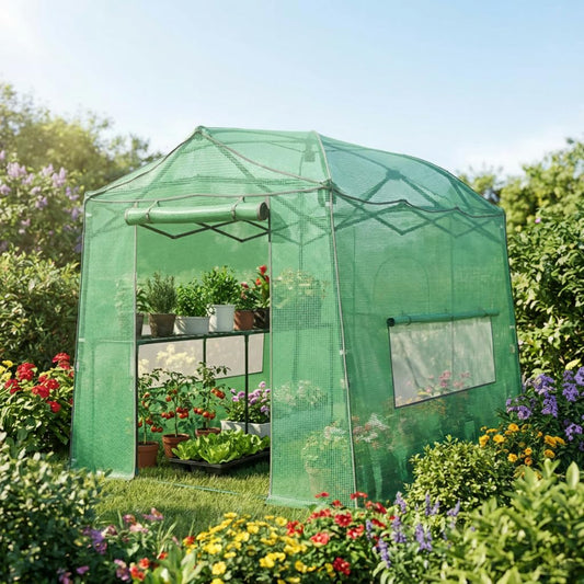 8.5 x 7 ft Pop-up Greenhouse, Walk-in Green House for Indoor Outdoor, Plant Garden Green House with Zippered Doors, Screen Windows, Heavy Duty Frame and Weather-Resistant Durable PE Cover