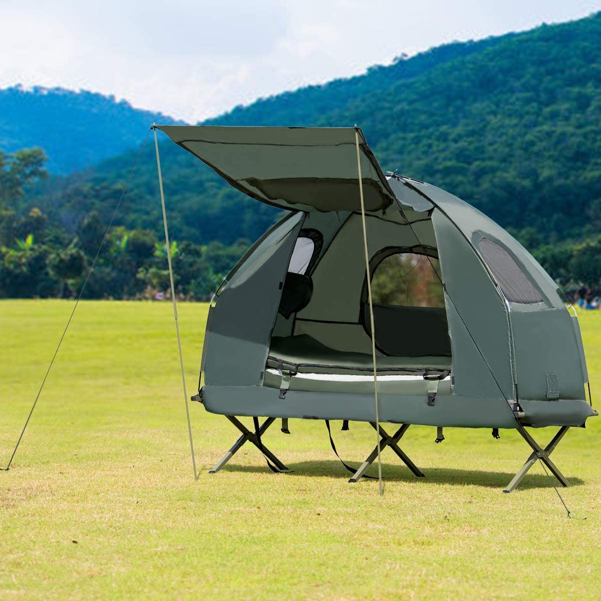Moccha Folding Camping Tent Cot with Sleeping Bag and Air Mattress, Elevated Camping Tent with Carry Bag for Outdoor Activity, Hiking, Picnic (1-Person)
