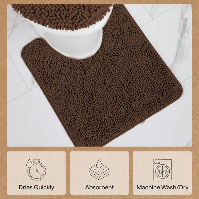 GORILLA GRIP Plush Absorbent Shaggy Chenille Bath Rug Mat for Square Toilet Base with Rubber Backing, Machine Washable Rugs, Soft Microfiber Contour Mats for Toilets, Bathroom Decor, Brown