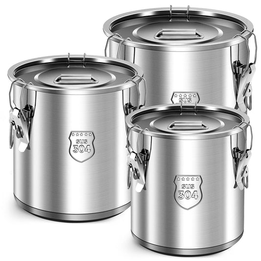 Suclain 3 Pack 3.2Gal/ 5.5Gal/ 8.7Gal 304 Stainless Steel Airtight Food Storage Containers with Locking Lids – Large Canisters for Dog Food, Flour, Rice, Coffee