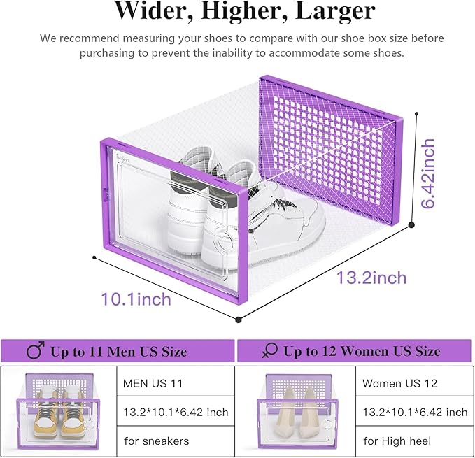 Kuject X-Large Shoe Storage Boxes Organizers Clear Plastic Stackable 12 Pack, Shoe Rack & Holder Substitute, Sneaker Containers, Toy Storage Organizer Bins for Entryway, Closet, Under Bed, Purple