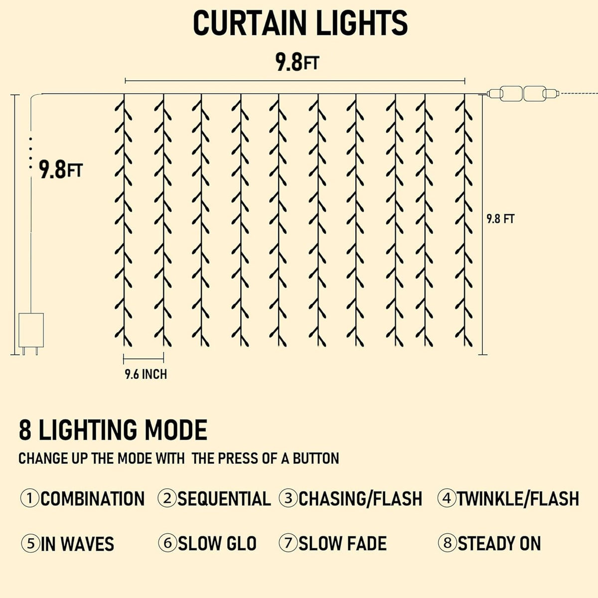 Dazzle Bright 300 LED Curtain String Lights, Waterproof, 8 Lighting Modes, Blue, Model CL-300CC