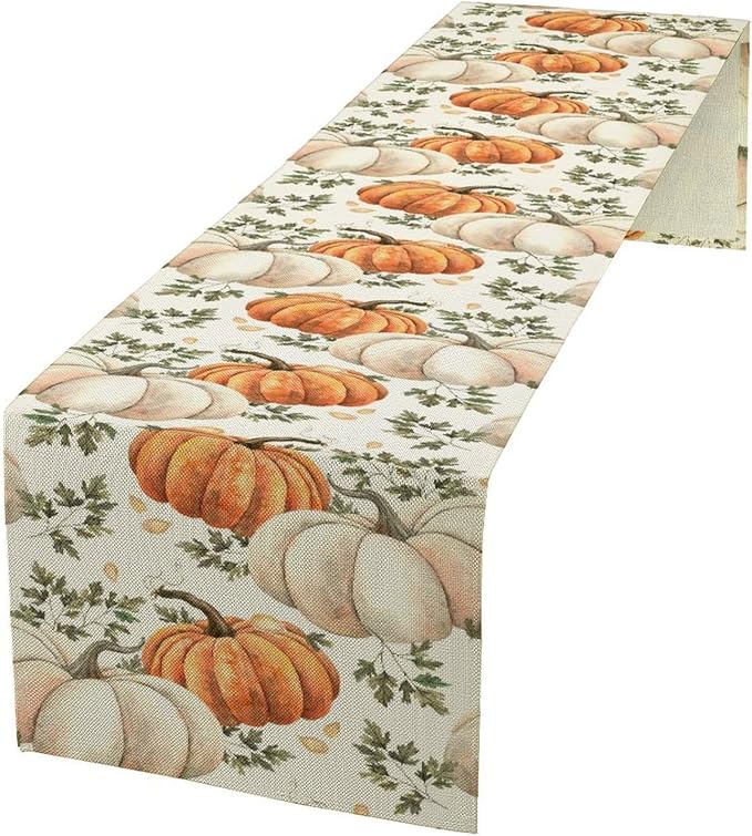 Fall Pumpkin Table Runner White Orange Vegetables Seeds Parsley Watercolor Hand-Painted Illustration Home Decor for Farmhouse Indoor Outdoor Party Holiday Dining Kitchen Restaurant Cafe W13xL90in