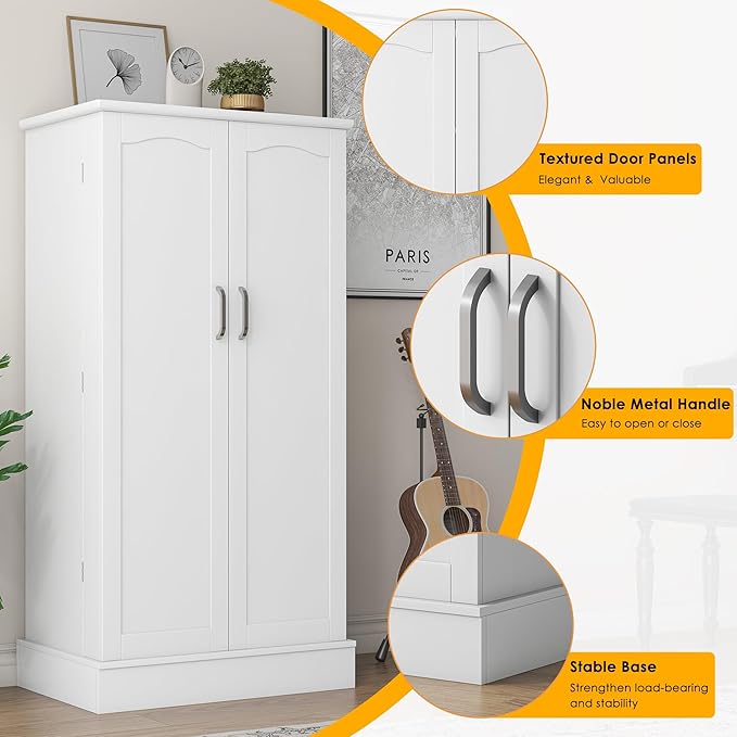 47” Pantry Cabinet, Kitchen Pantry Storage Cabinet with Doors and Adjustable Shelves,Freestanding Buffet Cupboards Sideboard for Living Room and Dinning Room (White)