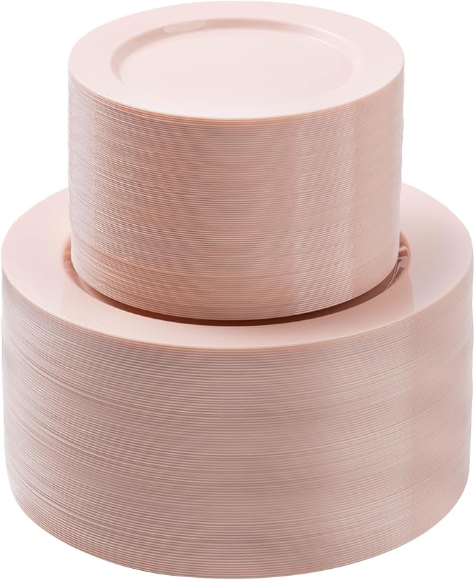 BESTSTAR 200PCS Pink Plastic Plates Set, 100 10.25 inch Dinner Plates and 100 7.5 inch Dessert Plates, Premium Disposable Plates for Party, Wedding