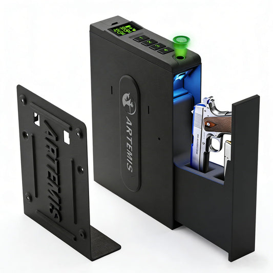 Biometric Slider Handgun Gun Safe for Home Nightstand,Cloakroom, Desk,Bed Side,Truck, Artemis Auto Sliding Door Hand Gun Safe for Pistol Unlock Fingerprint，Digital PIN，Key Access