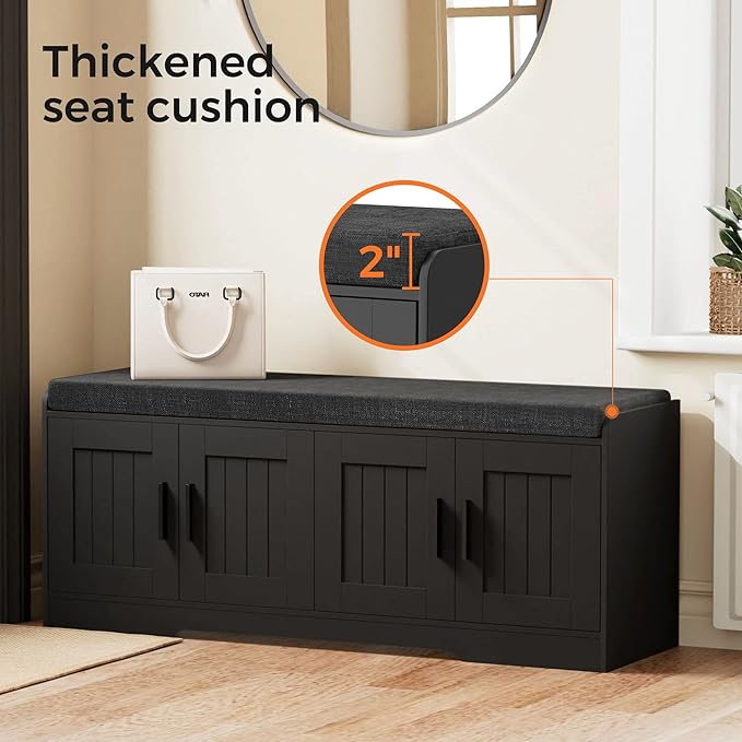 2-Tier Storage Bench, Shoe Bench with Thickened Padded Seat Cushion, Entryway Bench with 4 Doors, Adjustable Shelf, 13.8" D x 45.3" W x 18.5" H, for Entryway, Living Room, Bedroom, Black