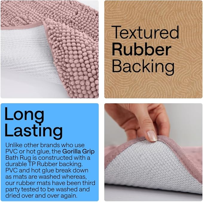 GORILLA GRIP Bath Rug Mat 30x20, Thick Soft Absorbent Chenille, Quick Dry Microfiber Mats, Rubber Backing Washable Shower Floor Rugs, US Designed Bathroom Bathmat Home Decor Accessories, Dusty Rose