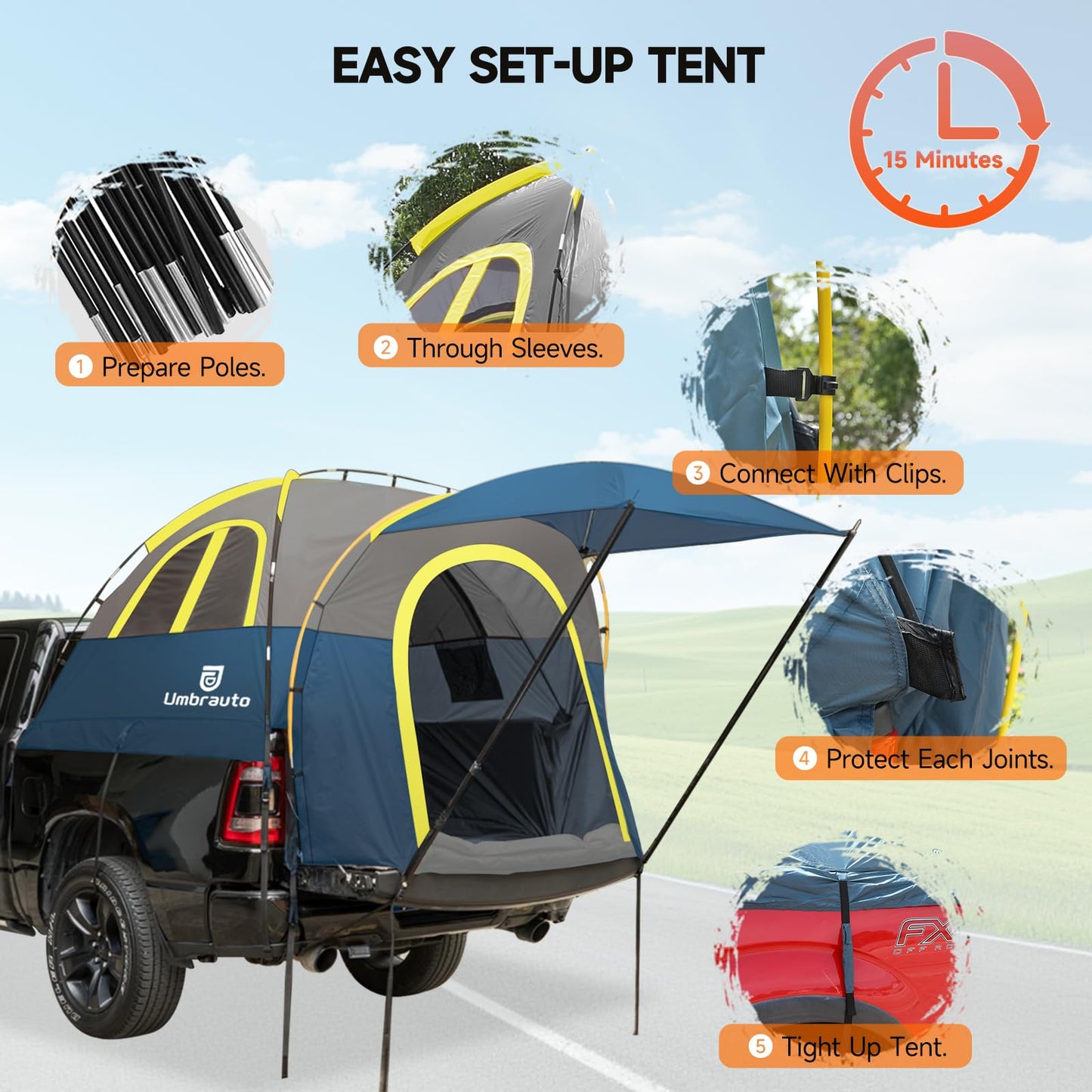 Umbrauto Truck Bed Tent with Awning: 6.4-6.7FT PU3000mm Waterproof Tailgate Pickup Truck Tents, Easy Set-up for 2 Person, Fits Full Size Short Bed, Chevy, Dodge, Ford, GMC, Blue