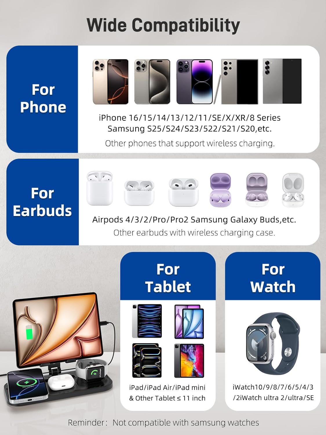 doeboe 4 1 16/15/14, 10/9/8, 2 in Wireless Charging Station with Stand for iPhone Apple Watch AirPods Pro | Foldable
