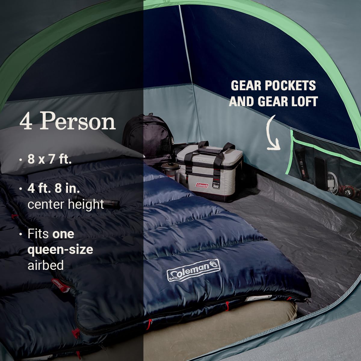 Coleman Skydome Tent with LED Lights & 5-Minute Setup, Weatherproof 4-Person Tent with Overhead Lighting, Made of PFAS-Free Materials